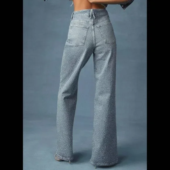 NWT Anthropologie Good American Good Ease High-Rise Rhinestone Wide-Leg Jeans 27 - Picture 4 of 11
